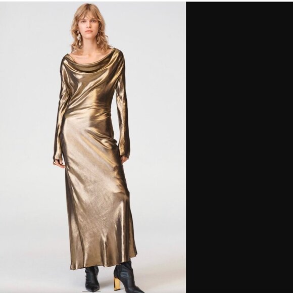 ZARA WOMAN GOLD LIMITED EDITION DRESS WITH DRAPED DETAIL SIZE M NWOT - Picture 1 of 9